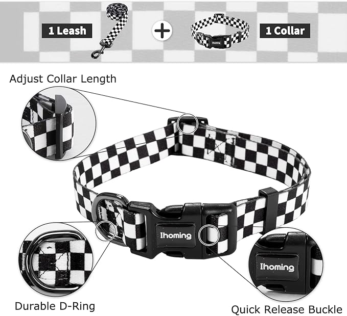 Ihoming Dog Collar and Leash Set for Daily Outdoor Walking Running Training, Chess Board Design for Small Boys Girls Dogs Cats Pets, S-Up to 20LBS