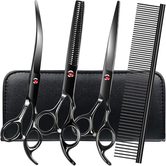 Professional Dog Grooming Scissors Set Stainless Steel Dog Grooming Kit - Thinning, Curved Scissors and Comb for Cat Pet (Black 5 in1)