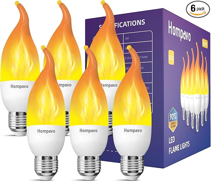 Hompavo Upgraded LED Flame Light Bulbs, 3 Modes Flickering Light Bulbs, E26 Chandelier Base Candle Fire Light Bulb for Halloween Christmas Party Porch Indoor & Outdoor Home Decoration - 6 Pack