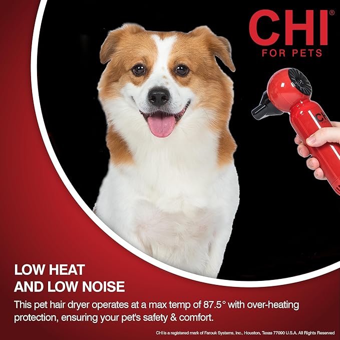 CHI for Pets Grooming Plus Handheld Pet Hair Dryer - Low Heat and Quiet Motor - Compact Blow Dryer for Dogs and Cats - One-Handed Design for Easy Drying and Comfort