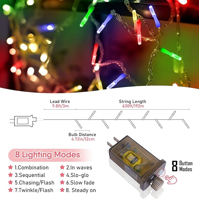 Heceltt 1600 LED 630 FT String Lights Outdoor, 8 Modes Christmas Lights Plug in, IP44 Waterproof Led String Lights with Timer and Memory for Christmas Holiday Wedding Decorations (Multicolor)