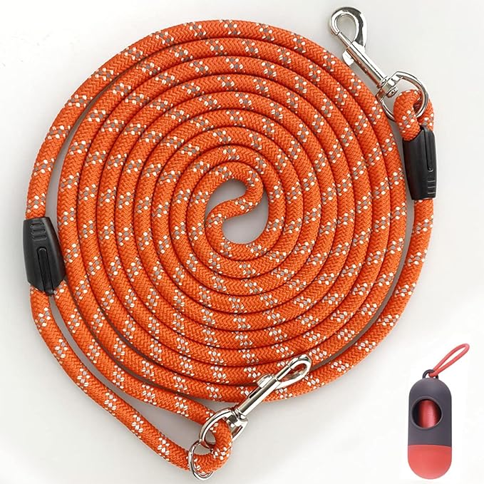 Long Rope Dog Leash for Dog Training 12FT 20FT 30FT 50FT, Reflective Threads Dog Cat Leashes Tie-Out Check Cord Recall Training Agility Lead for Large Medium Small Dogs (Orange, 10mm*12ft)