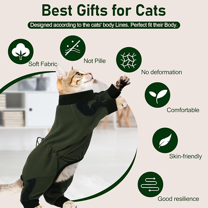 Cat Pajamas for Cats Only, Sticky Hair Cat Clothes, Long Sleeve Sphynx Clothes, Anti-Licking or Skin Disease Recovery Suit for Female Cats, Kitten Onesie Pajamas, ArmyGreen, XL
