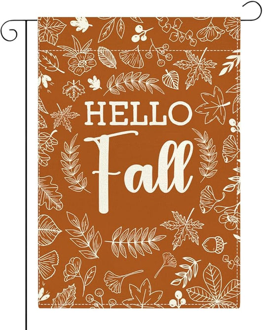 Hello Fall Garden Flag Autumn Holiday Garden Flag 12x18 inch Double Sided Fall Thanksgiving Maple Leaves Flags Decorations for Yard Outside Lawn Patio (Flay 1806)