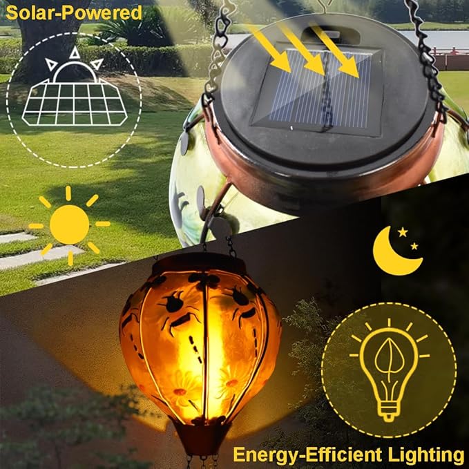 Hot Air Balloon Solar Lantern with Flickering Flame, Glass Hanging Garden Lights Outdoor Waterproof for Tree Yard Patio Mother's Day Gift, 18" H Bee