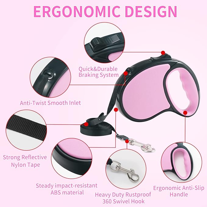 Retractable Dog Leash,[Strong Nylon Tape][One-Handed One Button Lock] for Small Medium Dogs and Cats,16ft Pet Walking Leash with 360°Tangle-Free Design,Anti-Slip Handle,Gift Package (Pink)