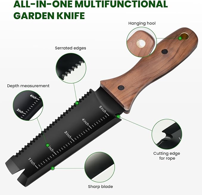 Hori Hori Garden Knife, Garden Tools with Sheath, 6" Stainless Steel Blade with Cutting Edge, Full-Tang Walnut Ergonomic Wood Handle with Hanging Hole, Weeding, Planting, Digging…