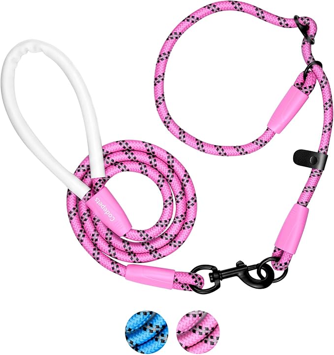 Detachable 2/5" Slip Lead, 4FT 6FT 8FT with Comfortable Silicone Handle Strong Rope Leash for Large Medium Small Dogs No Pull Highly Reflective Pet Training Leash (Pink-Black, 8FT)