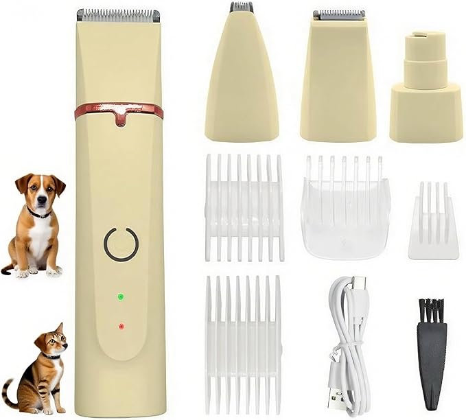 4 in1 Pet Dog Grooming Clippers Cat Nail Clipper&Paw Trimmer Dog Hair Trimmer-Low Noise Rechargeable - Cordless Quiet Pet Grooming Supplies for Dogs Hair Nail Clippers Around Eyes and Ears (Beige)