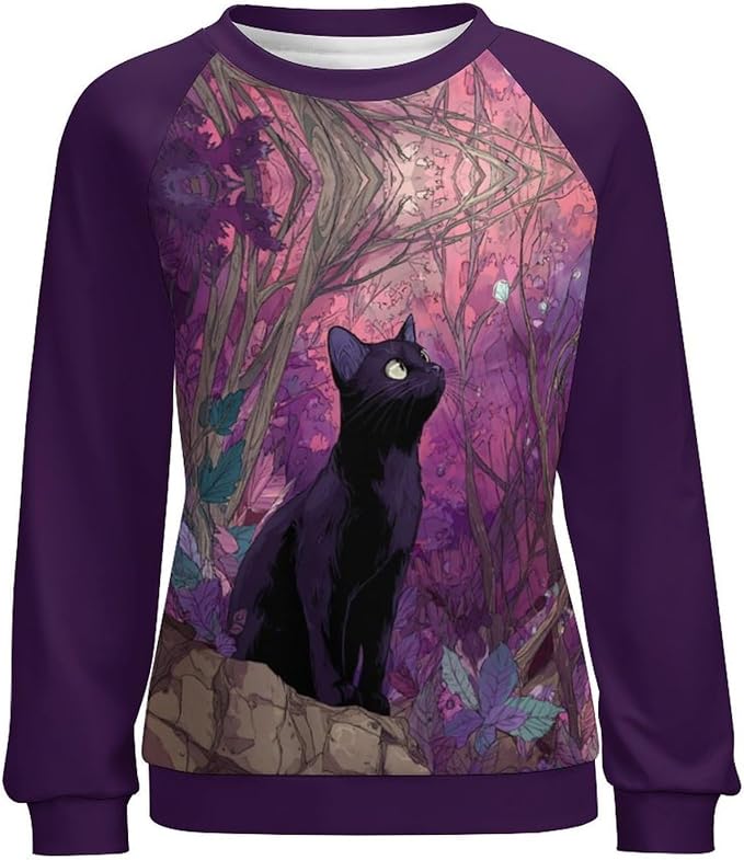 Abstract Cute Cat Shirts for Women Long Sleeve Lady Crewneck Pullover Sweatshirt Fall Winter Oversized Tops
