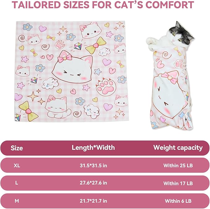 Cat Grooming Wrap for Cutting Nails, 27.6" Anti-Escape Calming Cat Swaddle Wrap for Medicine, Nail Clipping, Teeth Brushing, Ear Cleaning, Self-Adherent Burrito Restraint, (Happy Kitty, L)