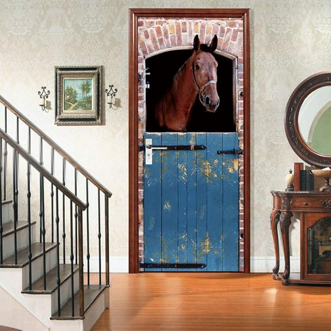 Horse 3D Door Stickers Murals - Peel & Stick - Waterproof & Washable - Matt Finish - Rustic Style - Blue Horse Print - 30.3" x 78.7" (2 Parts) - Door & Wall