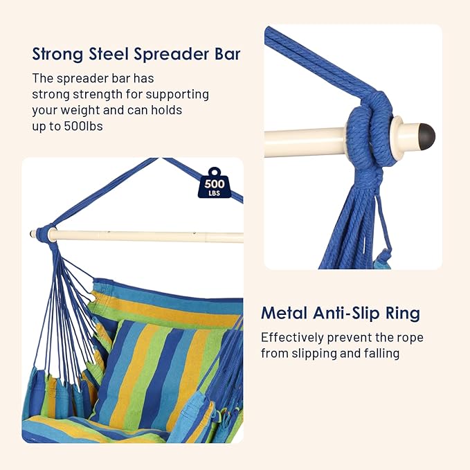 Highwild Hammock Chair Hanging Rope Swing - Max 500 Lbs - 2 Cushions Included - Steel Spreader Bar with Anti-Slip Rings - for Any Indoor or Outdoor Spaces (Blue Striped)