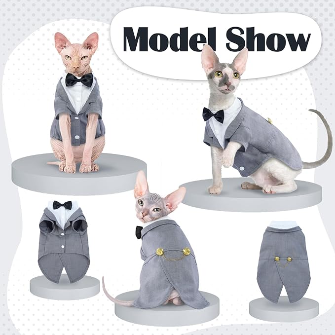 QBLEEV Cat Tuxedo Suit, Cat Halloween Costumes for Cats Only, Sphynx Cat Tuxedo Outfit Costume with Bow Tie, Kitten Formal Attire Wedding Birthday Onesie Clothes for Male Girl Hairless Cats