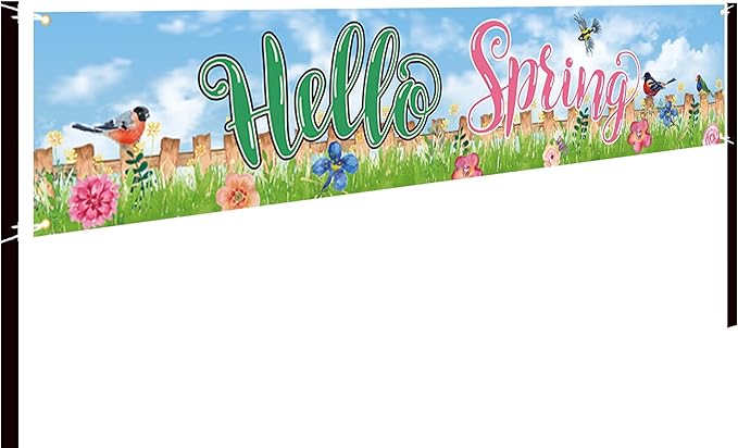 Hello Spring Large Banner Birds with Flowers Banner,Welcome Home Outdoor Flag Sign Decorations Holiday Party Polyester Outdoor Decor with Brass Grommets 8.2x1.64 Ft