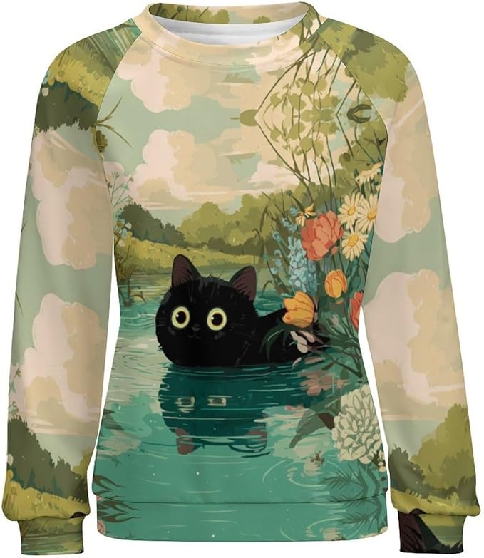 Abstract Cute Cat Shirts for Women Long Sleeve Lady Crewneck Pullover Sweatshirt Fall Winter Oversized Tops