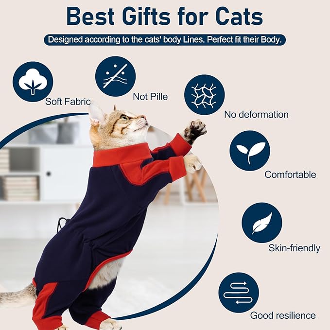 Cat Pajamas for Cats Only, Sticky Hair Cat Clothes, Long Sleeve Sphynx Clothes, Anti-Licking or Skin Disease Recovery Suit for Female Cats, Kitten Onesie Pajamas, DarkBlue, L