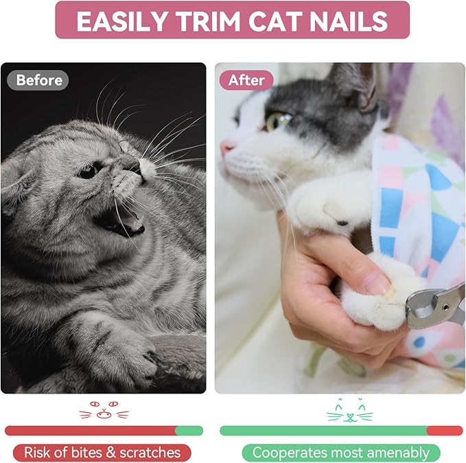 Cat Grooming Wrap for Cutting Nails, 31.5" Anti-Escape Calming Cat Swaddle Wrap for Medicine, Nail Clipping, Teeth Brushing, Ear Cleaning, Self-Adherent Burrito Restraint, (CatLand, XL)