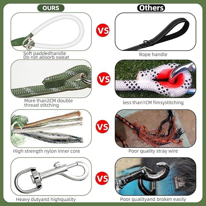 Nylon Dog Leash 6FT 10FT 20FT 30FT Diameter 2/5 Inch with Comfortable Silicone Handle Highly Reflective No Tangle for Medium Large Dogs Outside Walking Camping Backyard. (Green, 10FT)