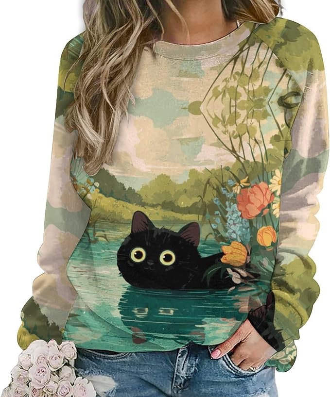 Abstract Cute Cat Shirts for Women Long Sleeve Lady Crewneck Pullover Sweatshirt Fall Winter Oversized Tops