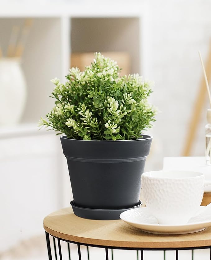 Homenote Pots for Plants, 15 Pack 6 Inch Plastic Planters with Multiple Drainage Holes and Tray,Plant Pots for All Home Garden Flowers Succulents (Black)