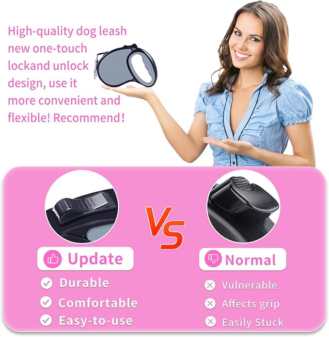 Retractable Dog Leash,[Strong Nylon Tape][One-Handed One Button Lock] for Small Medium Dogs and Cats,16ft Pet Walking Leash with 360°Tangle-Free Design,Anti-Slip Handle,Gift Package (Grey)