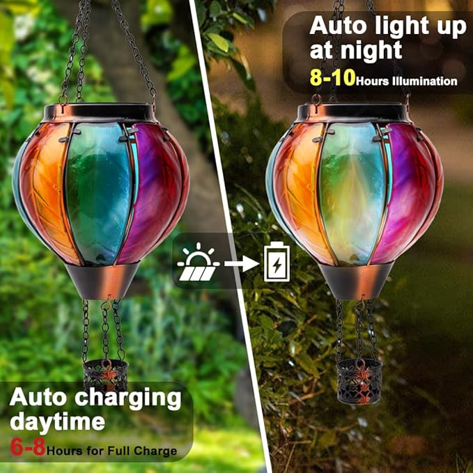 Hot Air Balloon with Flickering Flame Hanging Solar Lanterns Outdoor Lights Waterproof Lanterns Decorative Garden Patio Yard Party Decor Gradual-Colorful Hand Made