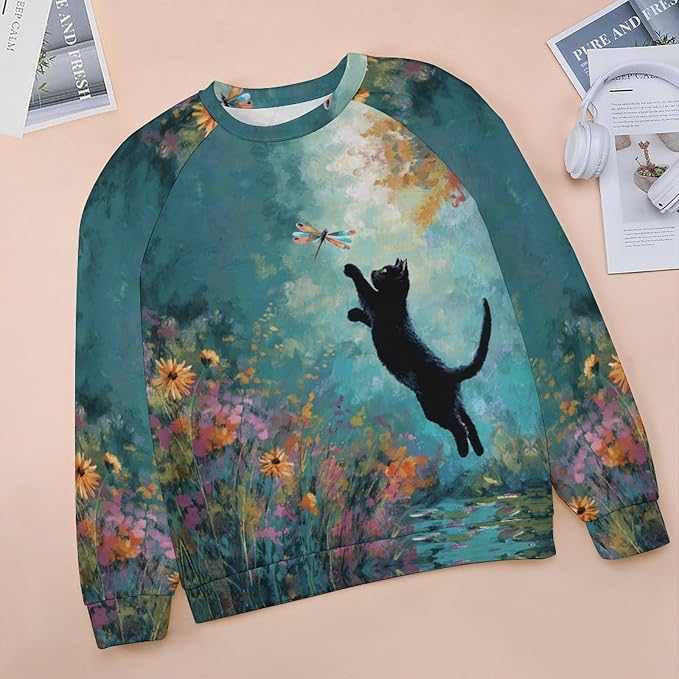Abstract Cute Cat Shirts for Women Long Sleeve Lady Crewneck Pullover Sweatshirt Fall Winter Oversized Tops
