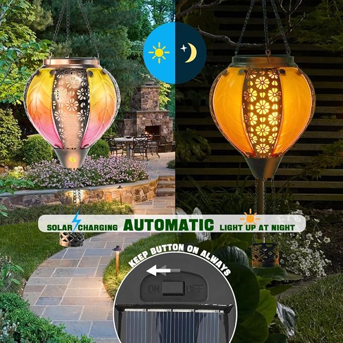 Hot Air Balloon Solar Lantern - Stained Glass Lantern with Simulated Flickering Flame, Outdoor Hanging Yard Light Waterproof IP65 & Weather Resistant for Garden Patio Lawn Porch Decor Gfit