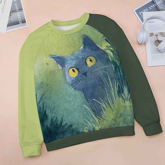 Abstract Cute Cat Shirts for Women Long Sleeve Lady Crewneck Pullover Sweatshirt Fall Winter Oversized Tops