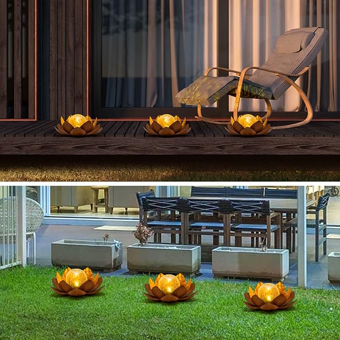 Huaxu Solar Lights Outdoor Decor Metal Lotus Flower LED Waterproof Glass Decorative Gifts for Garden Lover Women Mom Table Pathway Lawn Patio Yard Ground