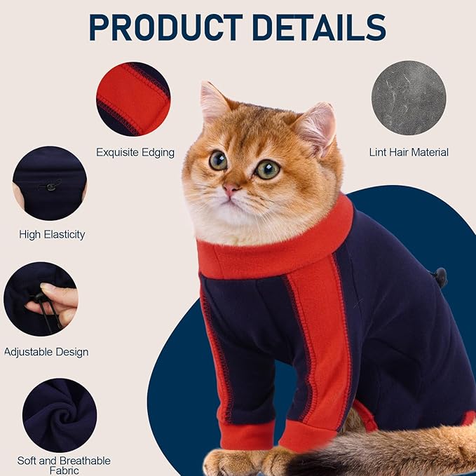 Cat Pajamas for Cats Only, Sticky Hair Cat Clothes, Long Sleeve Sphynx Clothes, Anti-Licking or Skin Disease Recovery Suit for Female Cats, Kitten Onesie Pajamas, DarkBlue, M