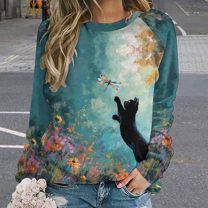 Abstract Cute Cat Shirts for Women Long Sleeve Lady Crewneck Pullover Sweatshirt Fall Winter Oversized Tops