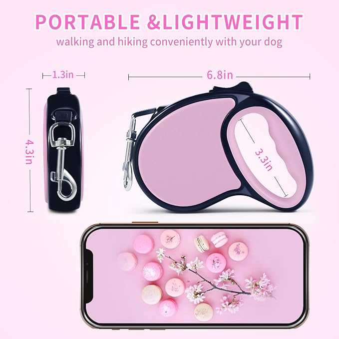 Retractable Dog Leash,[Strong Nylon Tape][One-Handed One Button Lock] for Small Medium Dogs and Cats,16ft Pet Walking Leash with 360°Tangle-Free Design,Anti-Slip Handle,Gift Package (Pink)