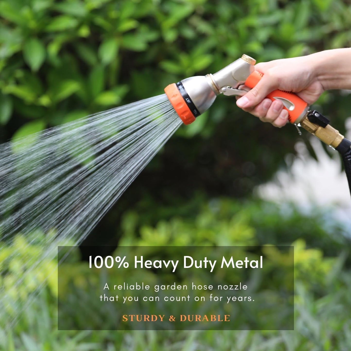 HOSUN Garden Hose Nozzle Sprayer Heavy Duty, 100% Metal Water Hose Nozzle with 8 Spray Patterns, High Pressure Hose Spray Nozzle with Non-Slip Grip for Watering Plant & Lawn, Washing Car & Pet, Orange