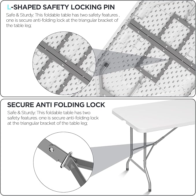 HLPB Folding Table Picnic Table, 8 ft Portable Camping Table with Handle and Safety Locks, Foldable Table Plastic Dining Table Indoor Outdoor for Camping, Picnic and Party