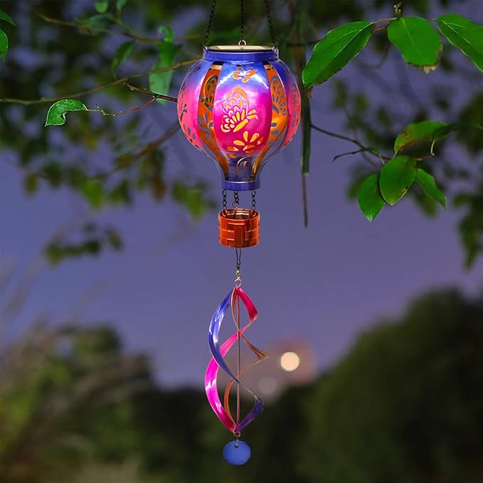 Hot Air Balloon Solar Lantern Butterfly Wind Spinners with Flickering Flame Light Hanging Solar Lantern Outdoor Waterproof Decorations for Outside Patio Garden Yard