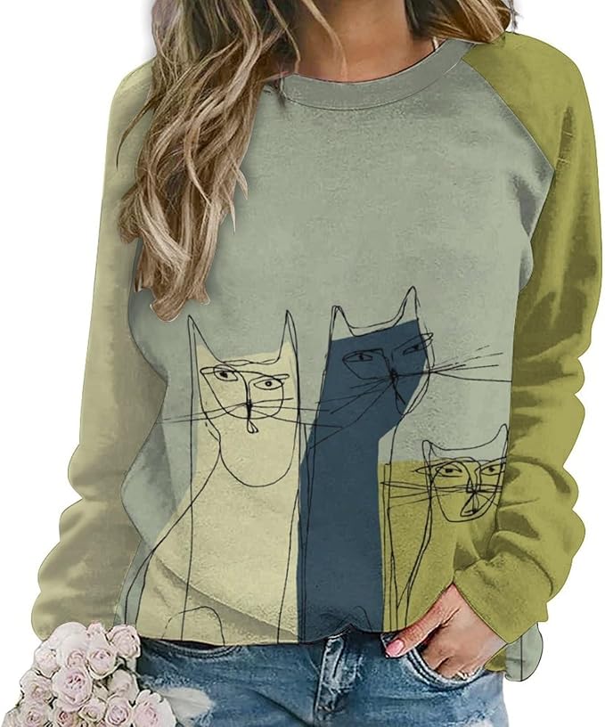 Abstract Cute Cat Shirts for Women Long Sleeve Lady Crewneck Pullover Sweatshirt Fall Winter Oversized Tops