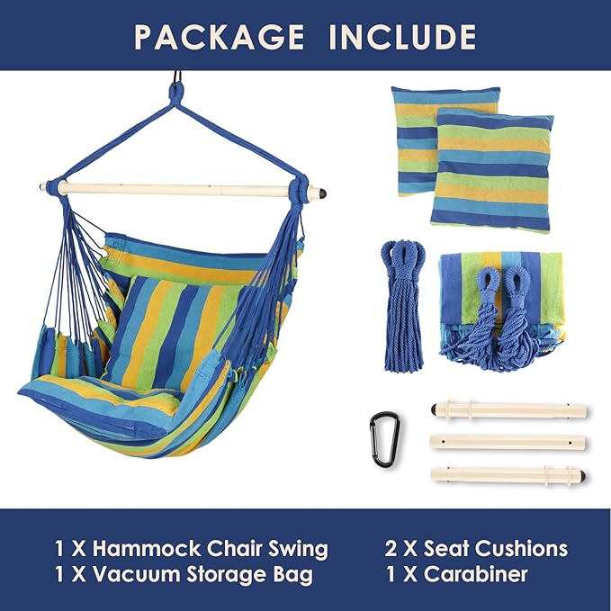 Highwild Hammock Chair Hanging Rope Swing - Max 500 Lbs - 2 Cushions Included - Steel Spreader Bar with Anti-Slip Rings - for Any Indoor or Outdoor Spaces (Blue Striped)