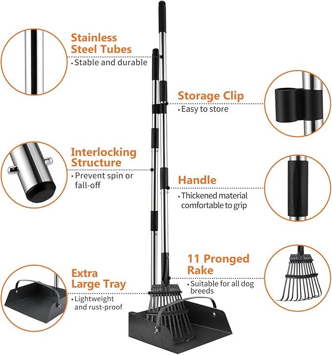 Toozey Unbreakable Dog Pooper Scooper with Extra Large Stainless Metal Poop Tray & 43.31" Long Handle Rake Scoop, Easy Waste Cleanup for Large, Medium, Small Dogs with 20 Bags