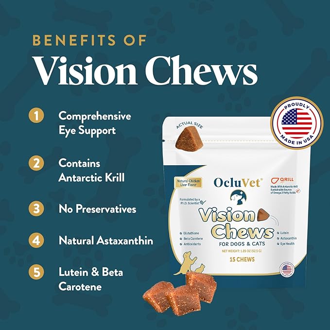 Bundle Eye Supplements for Dogs & Cats | Vision Chews with Omega-3 for All Ages - Includes 15 Chicken Liver Flavored Chews & Pet Eye Drops, 16 mL | Antioxidants & 2% NAC for Cataracts