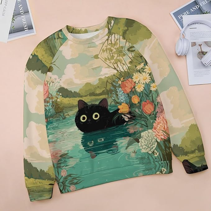 Abstract Cute Cat Shirts for Women Long Sleeve Lady Crewneck Pullover Sweatshirt Fall Winter Oversized Tops