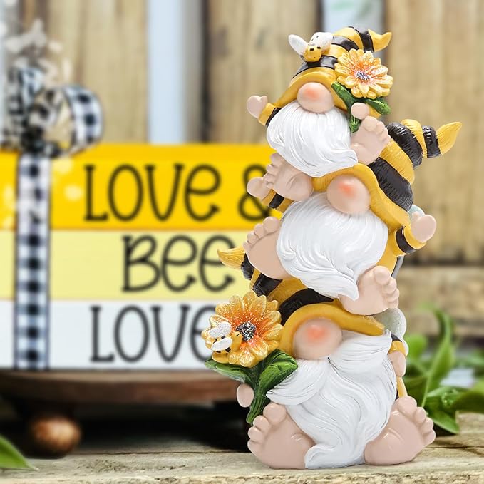 Hodao Summer Bee Gnome Decorations Indoor Home Table Decor Cute Stacked Bee Gnome Figurines Gifts -Swedish Dwarf Elf Figurines Summer Garden Honey Bees Gnomes Decorations (Bee1)