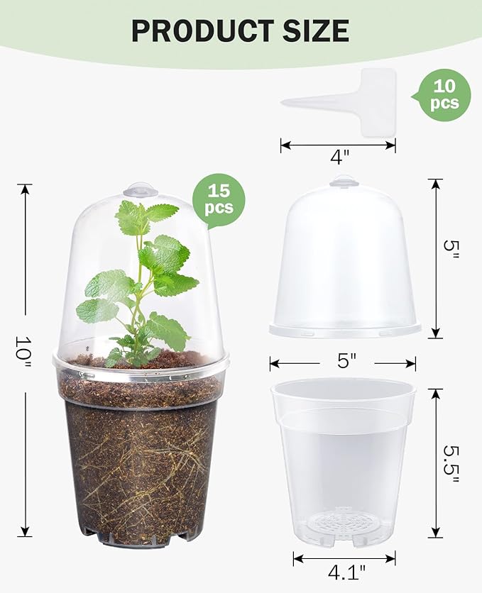 homenote Clear Nursery Pots for Plants,5 Inch Plant Pot for Planting with Humidity Domes Plastic Seedling with Drainage Holes Seed Starter Flower High Transparency (15 Pack)