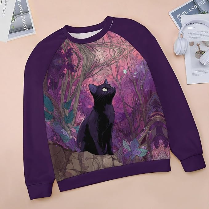 Abstract Cute Cat Shirts for Women Long Sleeve Lady Crewneck Pullover Sweatshirt Fall Winter Oversized Tops