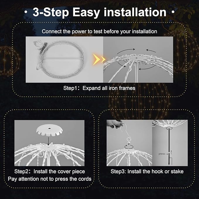 Hotelstar 96LED Foldable Light Sphere - 12IN Hanging, Pathway & Tree Light with Hook & Stake for Outdoor Garden, UL Listed, White Metal Frame, Warm White Light