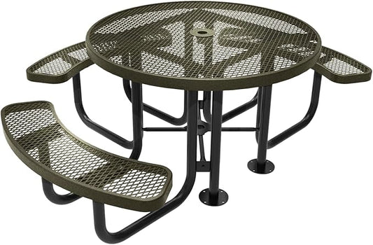Heavy-Duty Portable Outdoor Picnic Table with Umbrella Hole, Expanded Metal Patio Dining Furniture Made in America (46" Round Top, Textured Gold Vein)