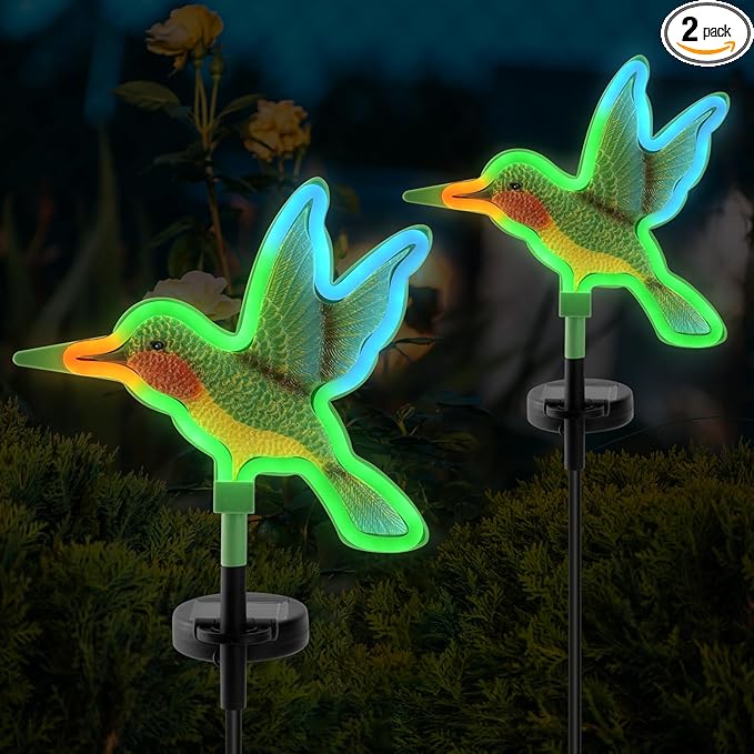 Hummingbird Solar Garden Decor,Hummingbird Outdoor Solar Lights,LED Hummingbirds Light Outside,Solar Garden Lights, Outdoor Decorations for Yard and Patio Pathway Lawn (2 Pack)