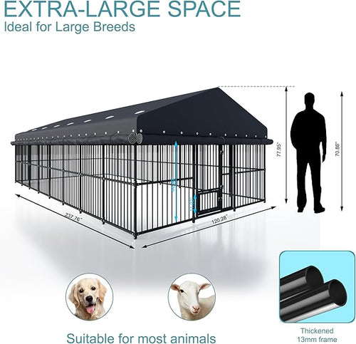 10x20x6 FT Large Dog Kennel, Outdoor Dog Crate with with Triple Safety Locks, Heavy Duty Outside Dog Cage Animal Enclosure with Roof Metal Secure Fence Playpen (118" W x 238" D x 78" H)