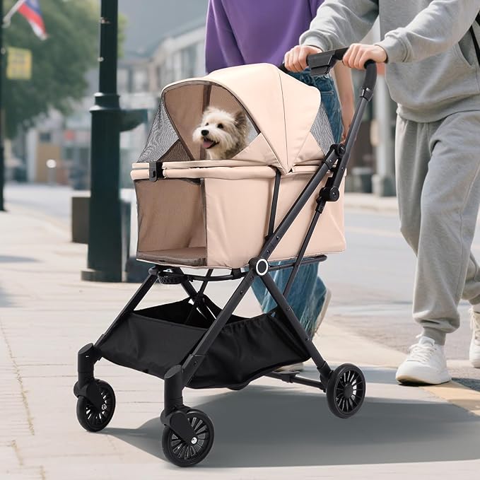4 Wheels Pet Stroller, One-Step Folding Puppy Cage Jogger Stroller with Sun Cover, Pad and Breathable and Visible Mesh for Small/Medium Pets up to 50 lbs